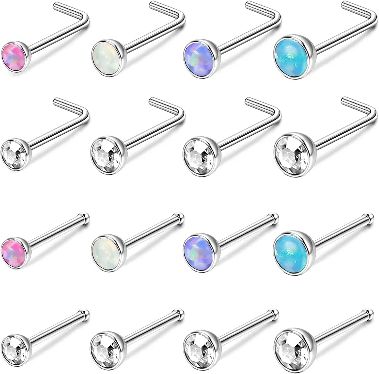 16Pcs 20G Nasenringe Studs Edelknochen L-geformte Nasen Piercings Set 1.5mm 2mm 2.5mm 3mm Opal & Clear CZ Nasenringe für Frauen Männer