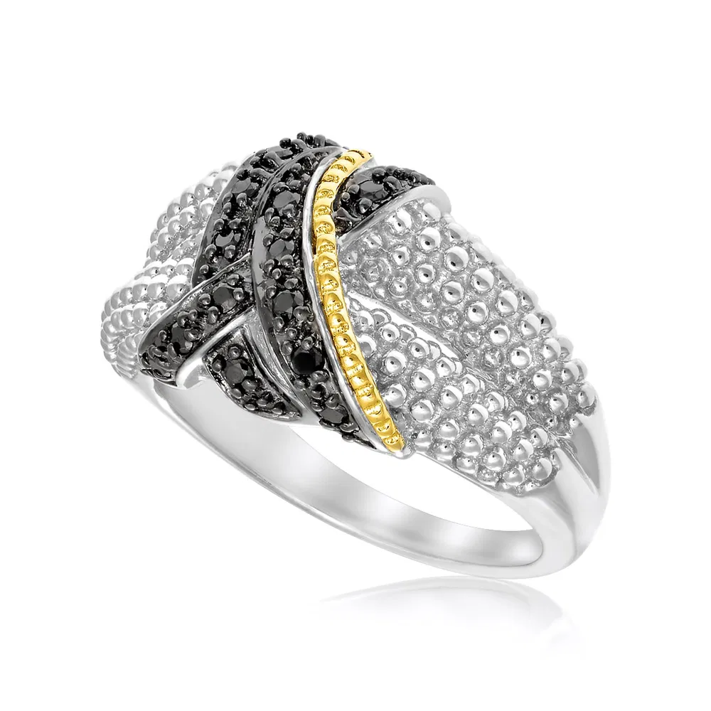 18 Karat Gelbgold & Sterling Silber Popcorn Ring mit schwarzen Diamanten