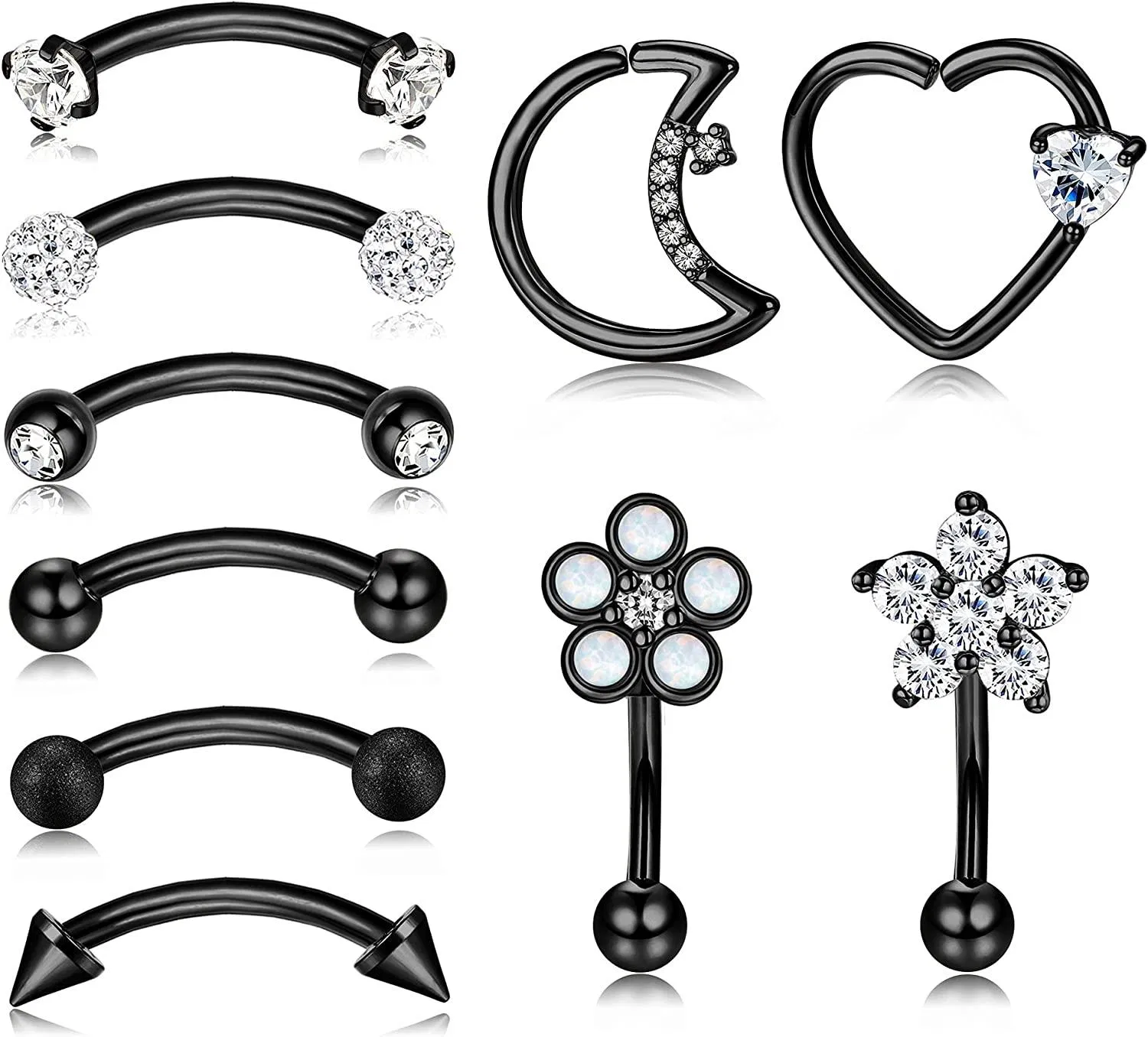 10pcs 16G Rook Curved Barbell Augenbrauenringe für Frauen Männer 316L chirurgische Bauch Lippenring Opal CZ Herz Daith Knorpel Ohrringe Anti Tragus Forward Helix Body Piercing 6MM 8MM