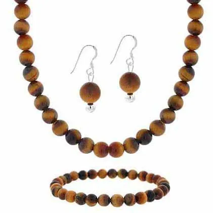 Sterling Silber 6mm Echt Tiger Eye Stone Bead Beaded Dangle Hook Ohrringe Stretch Armband Halskette 15 - 19