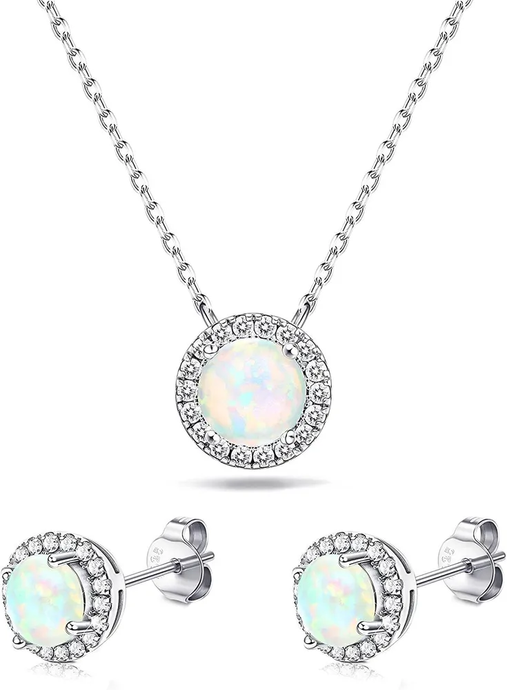 S925 Sterling Opal Set für Frauen 14K Opal Halo Anhänger Halskette Opal Stud Ohrringe mit Kubik-Zirkonium