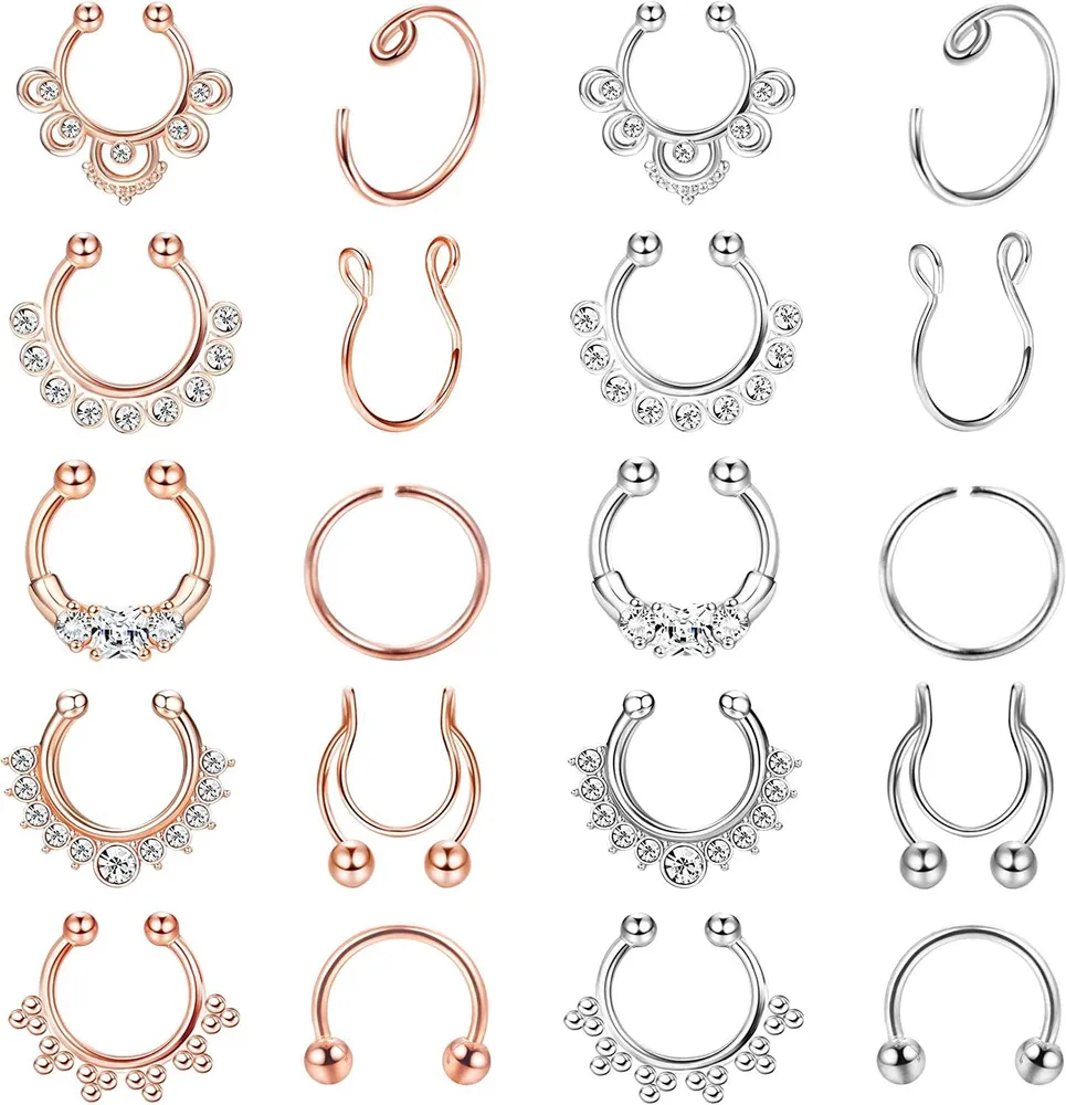 20Pcs Fake Septum Nose Hoop Rings für Frauen Männer CZ Nasen Hoop Ringe Clip auf verstellbare Fake Lippe Ohr Nase nicht durchbohrte Hoop Ringe Chirurgischer Stahl