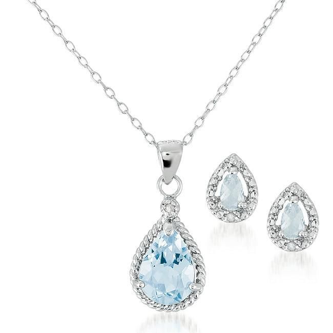 Sterling Silber 4459 Blau Topaz Diamant Anhänger Ohrringe Set