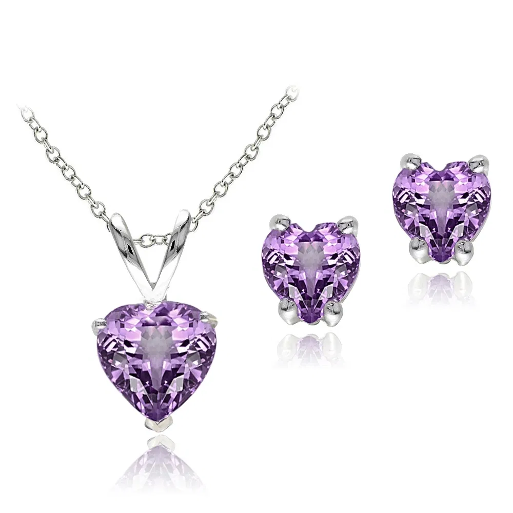 Sterling Silber 1.9ct TGW Amethyst Herz Solitaire Anhänger & Stud Ohrringe Set, 18
