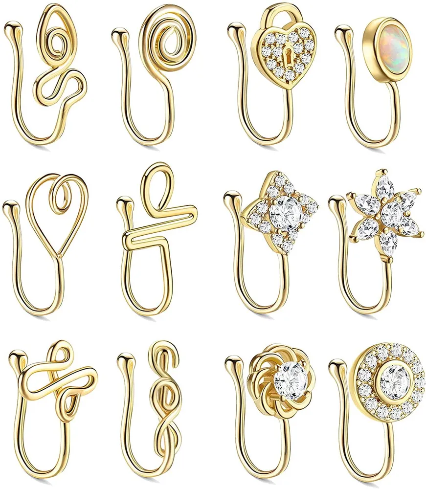 12Pcs Falsche Nasenringe für Frauen Nasenmanschette für nicht durchbohrte Faux Septum Nasen Piercing CZ Hoop Ringe Clip On Nose Cuff Set Faux Nasenringe