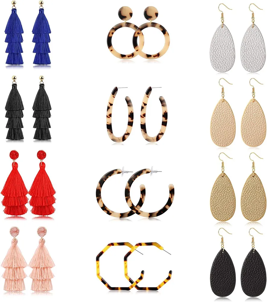 12 Paare Acrylic-Leder - Tassel-Ohrringe Set Bohemian Teardrop Ohrringe Drop Dangle Ohrringe Mode Statement Ohrringe für Frauen