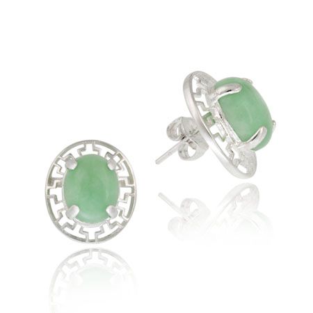 Sterling Silber und Oval Green Jade Griechische Key Design Ohrringe