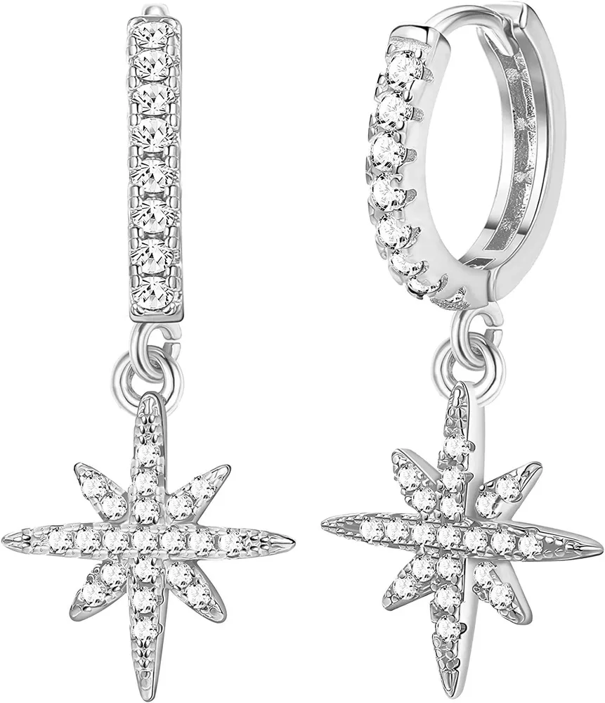 925 Sterling Silber Hoop Ohrringe Star Dangle Drop Ohrringe Cubic Zirkonia Cuff Ohrringe Kleiner Knorpel Huggie Hoop Ohrringe für Frauen Mädchen Feine Ohrringe Hypoallergen