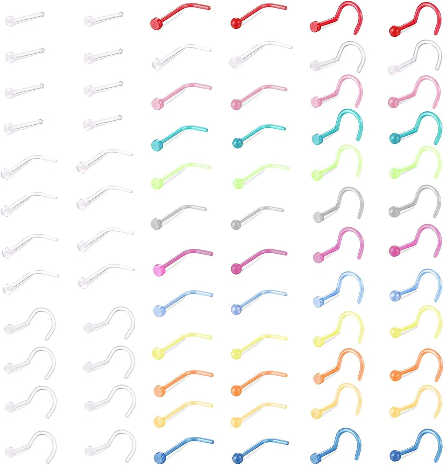 72Pcs 20g Clear Nose Rings Studs Retainer für die Arbeit Bioflex L-Form Corkscrew Silicone Nose Ringe Piercing für Frauen Männer Round Flat Top Nose Stud