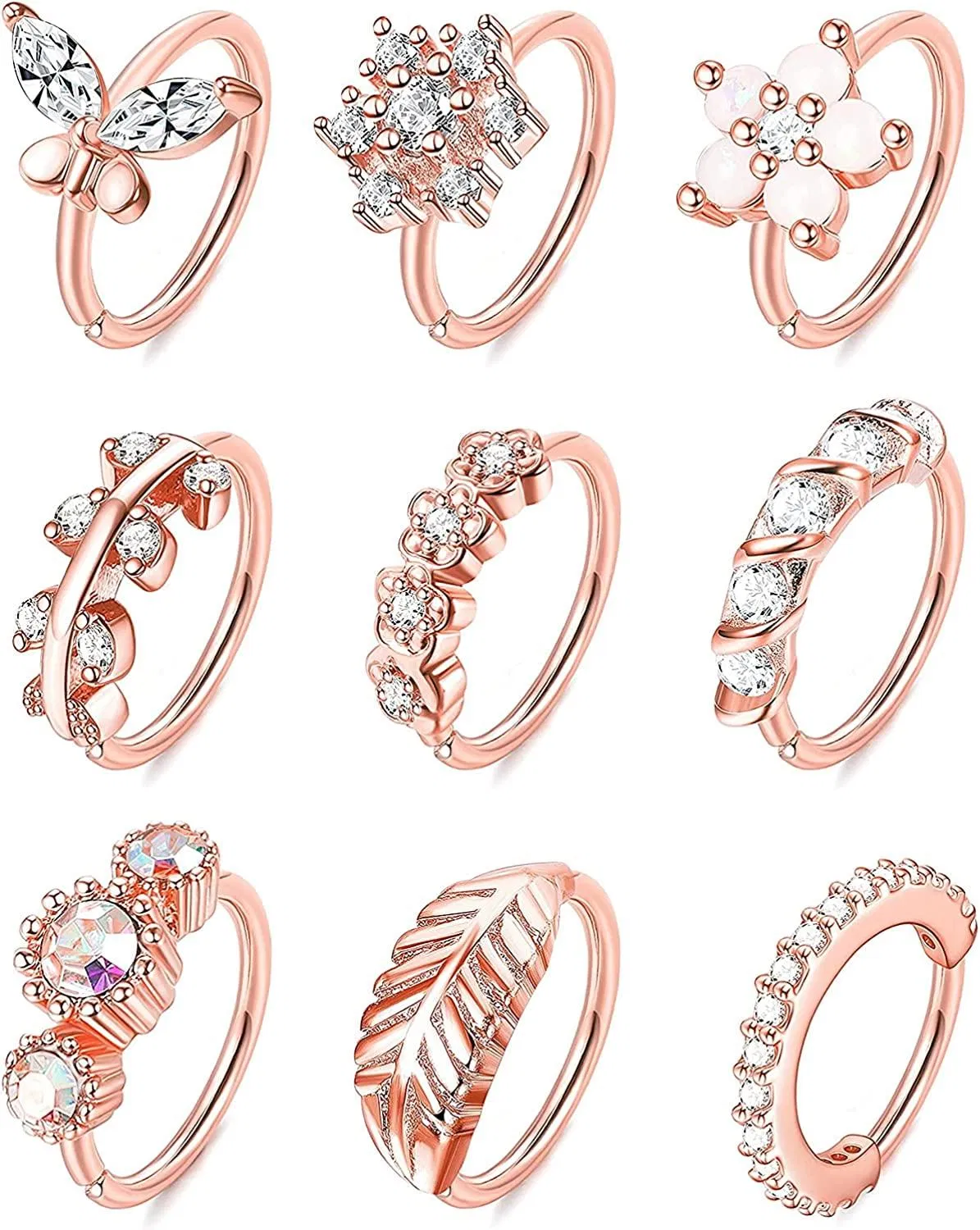 9Pcs 20G Edelstahl Nasen Ringe Schleife für Frauen Männer gepflastert CZ Blatt Opal Blume Schmetterling Nasen Ohrschleife Knorpel Stud Ohrringe Nasen Schleife Ringe Gold Schleife Nasen Piercing Set