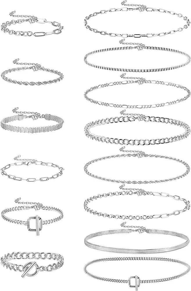 14 Stück Silber / Gold Kette Halskette und Armbänder Set für Frauen 14k Gold Dainty Paperclip Link Chain Choker Halskette Chunky Flat Snake Chain Armband Schmuck