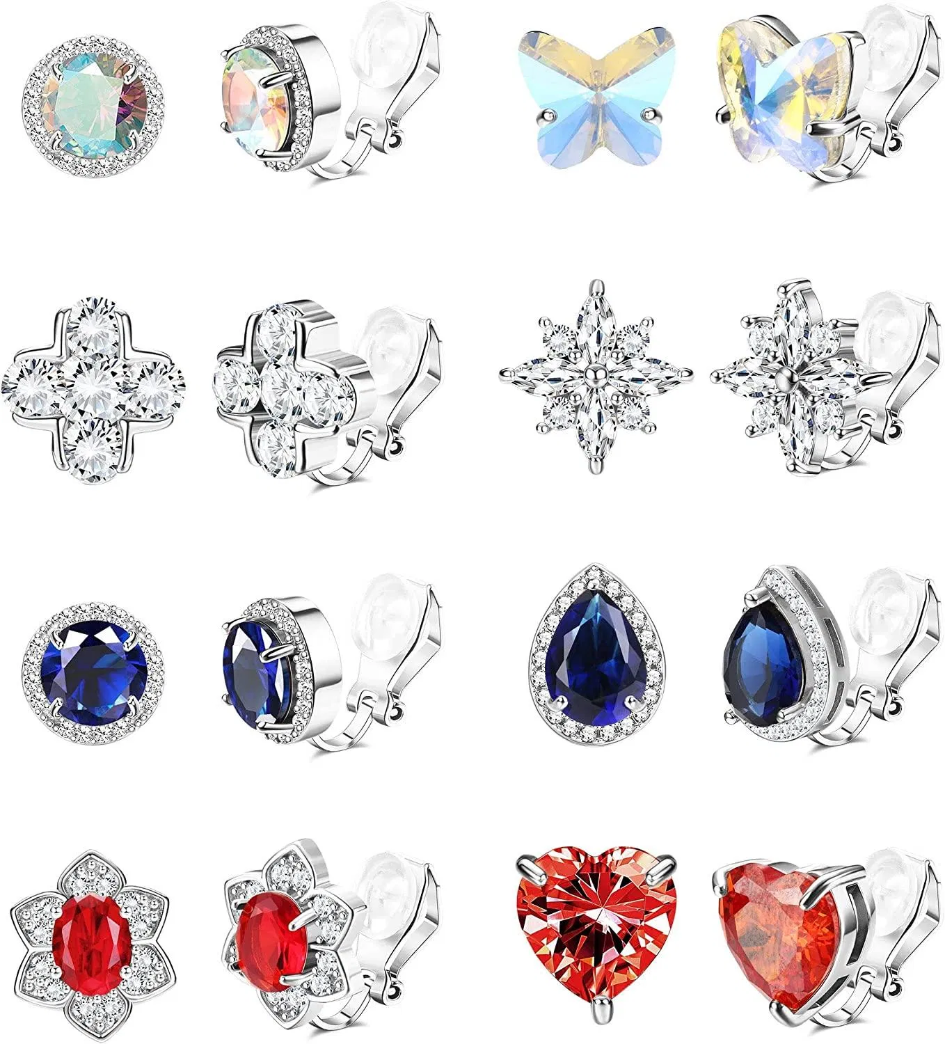 8 Paare Clip-On - Ohrringe für Frauen Mädchen mit Regenbogen-Kristall Kubik Zirkonia eingelegte Gummi Pads Clip-On - Stud-Ohrringe Nicht durchbohrten Clip-Ohrringe Schmuck