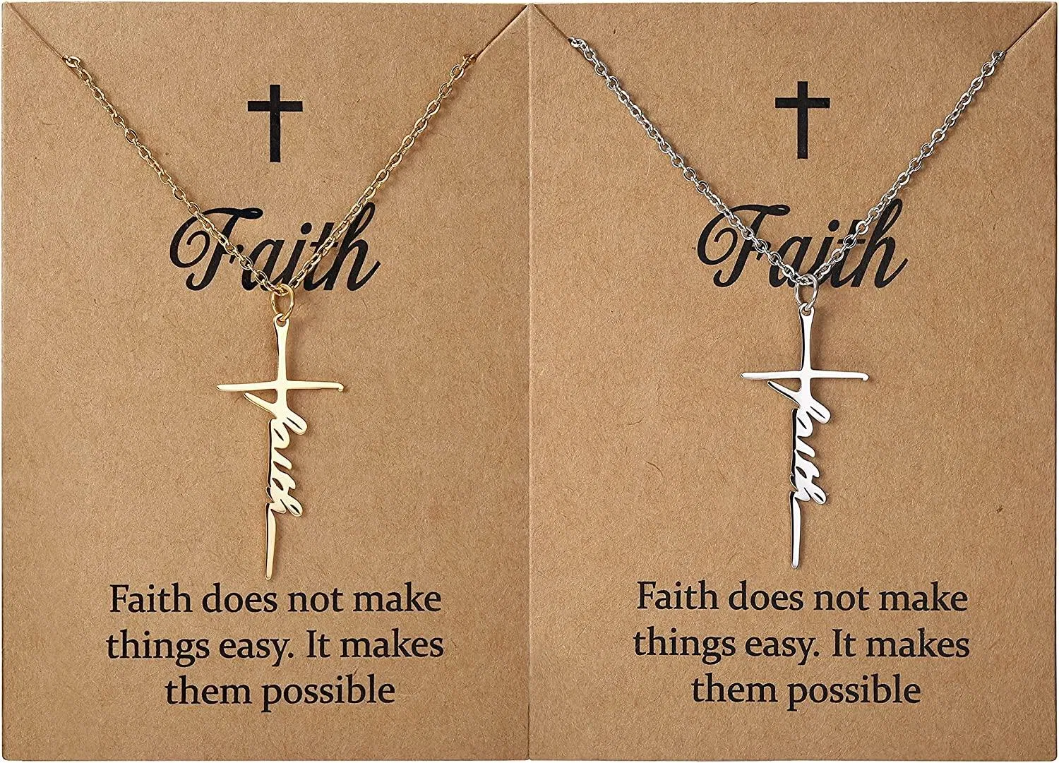 2PCS Glaube Kreuz Halskette Gesegnete Hoffnung Stärke Anhänger Halskette Silber Gold Edel Kreuz Halskette Christliche religiöse Inspirationsgeschenk für Frauen Mädchen