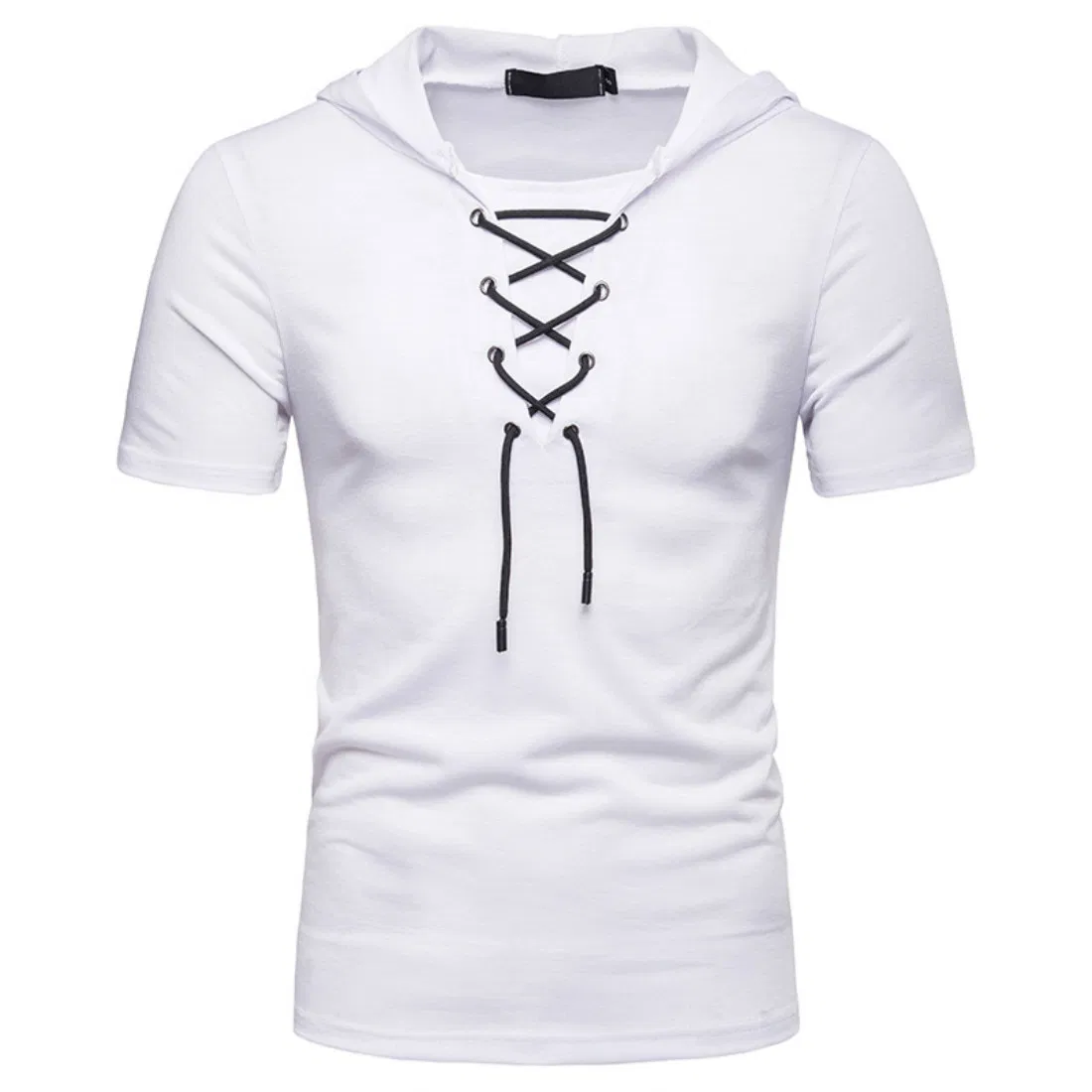 Men Short Sleeve Hooded T-Shirt Hip Hop Lace Up Pullover Tops