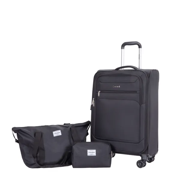 3-Stück Set (18 / Travelbag / Toilettentasche), Softshell Koffer Spinner Räder Terylen Polyester Gepäck Sets Tragen auf Koffer Gepäck Leichtgewicht Langlebiger Koffer Schwarz