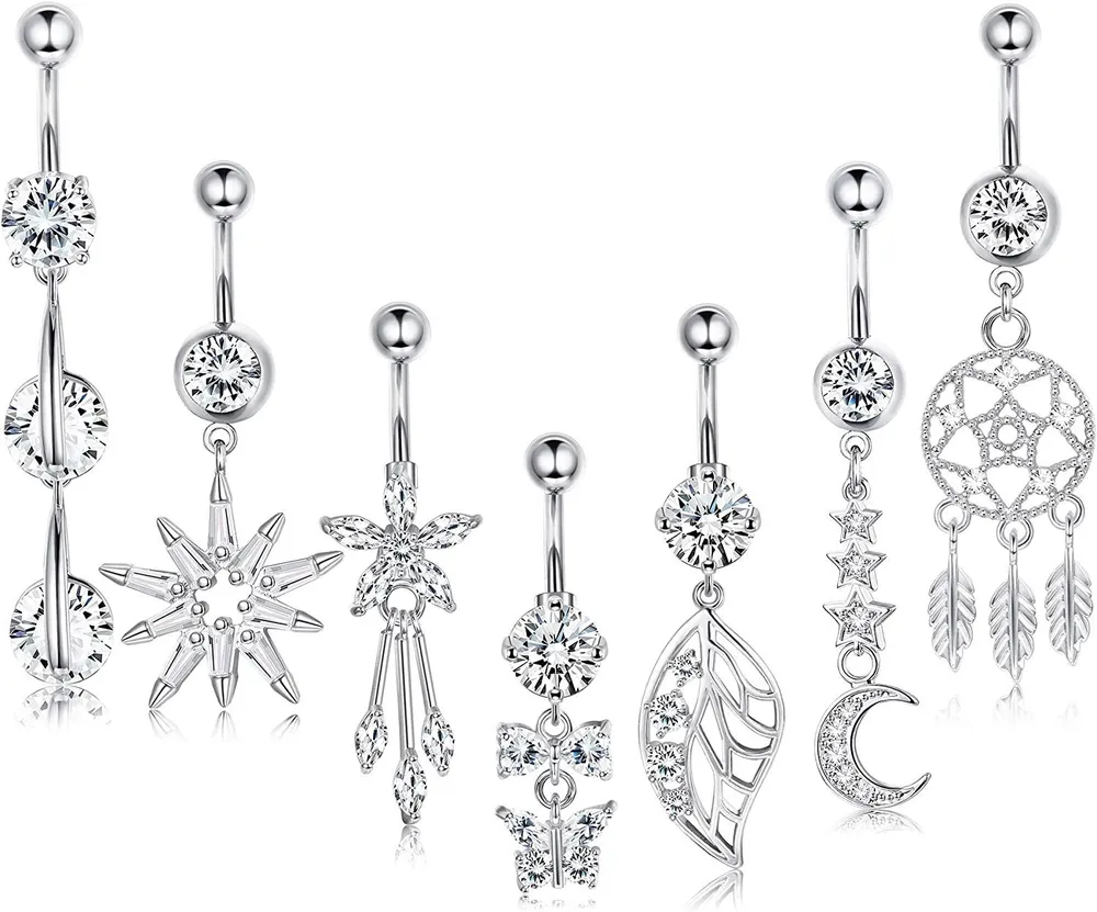 7 Stück 14G Dangle Bauchknopfringe für Frauen 316L Chirurgische Stahl Nabelringe Bauchringe Barbell Körper Piercing Schmuck