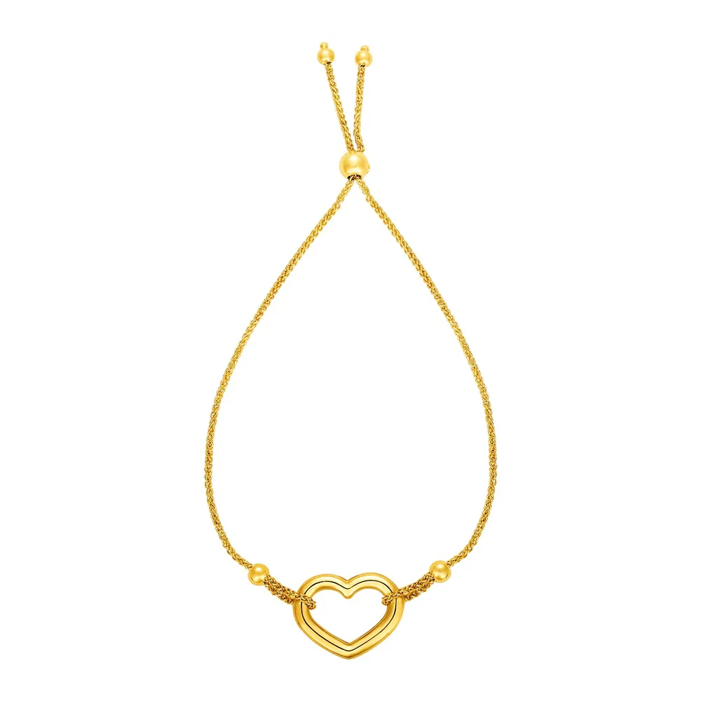 Einstellbares Armband mit glänzendem offenen Herzen in 14 Karat gelbem Gold