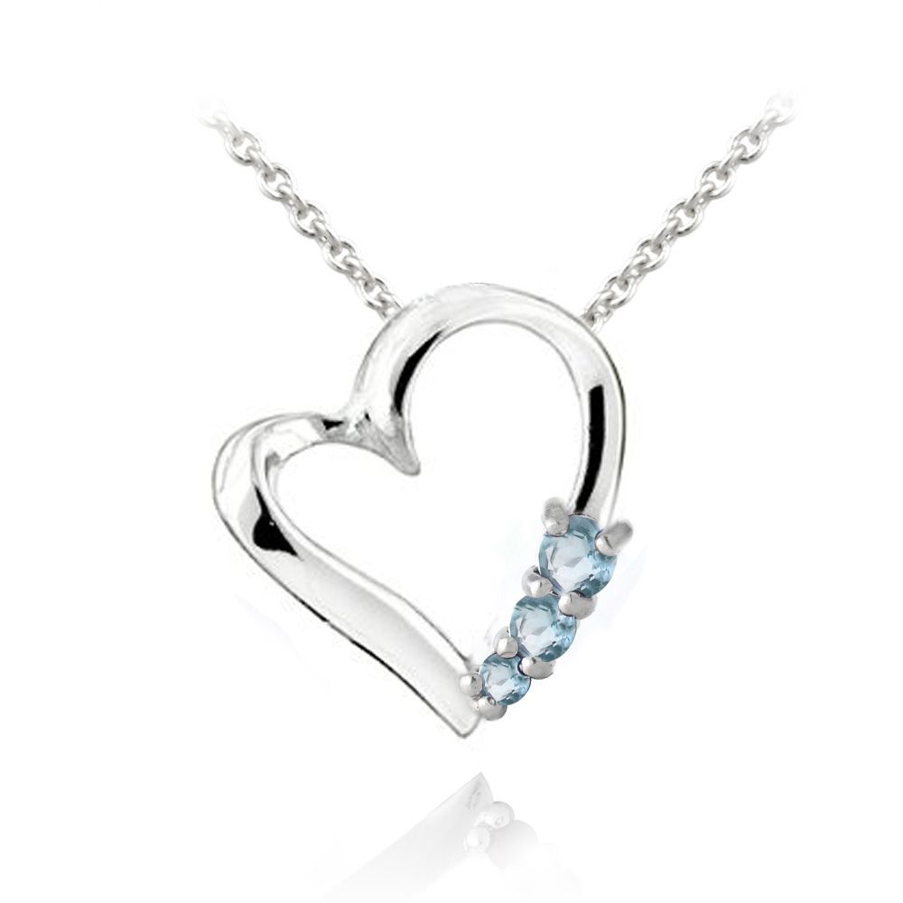 Sterling Silber Blau Topaz Drei Stein Schwebendes Herz Halskette