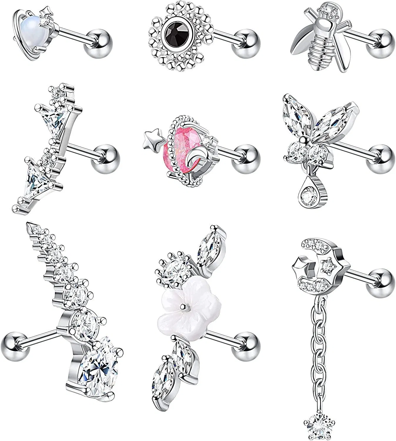 9pcs Knorpel-Staple - Ohrringe für Frauen; Edelstahl Cubic Zirkonia Knorpel Kletterer-Staple - Ohrringe Mond Schmetterling-Staple - Ohrringe Knorpel Piercing Schmuck