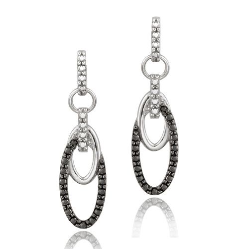 Sterling Silver Black Diamond Accent Double Oval Dangle Ohrringe