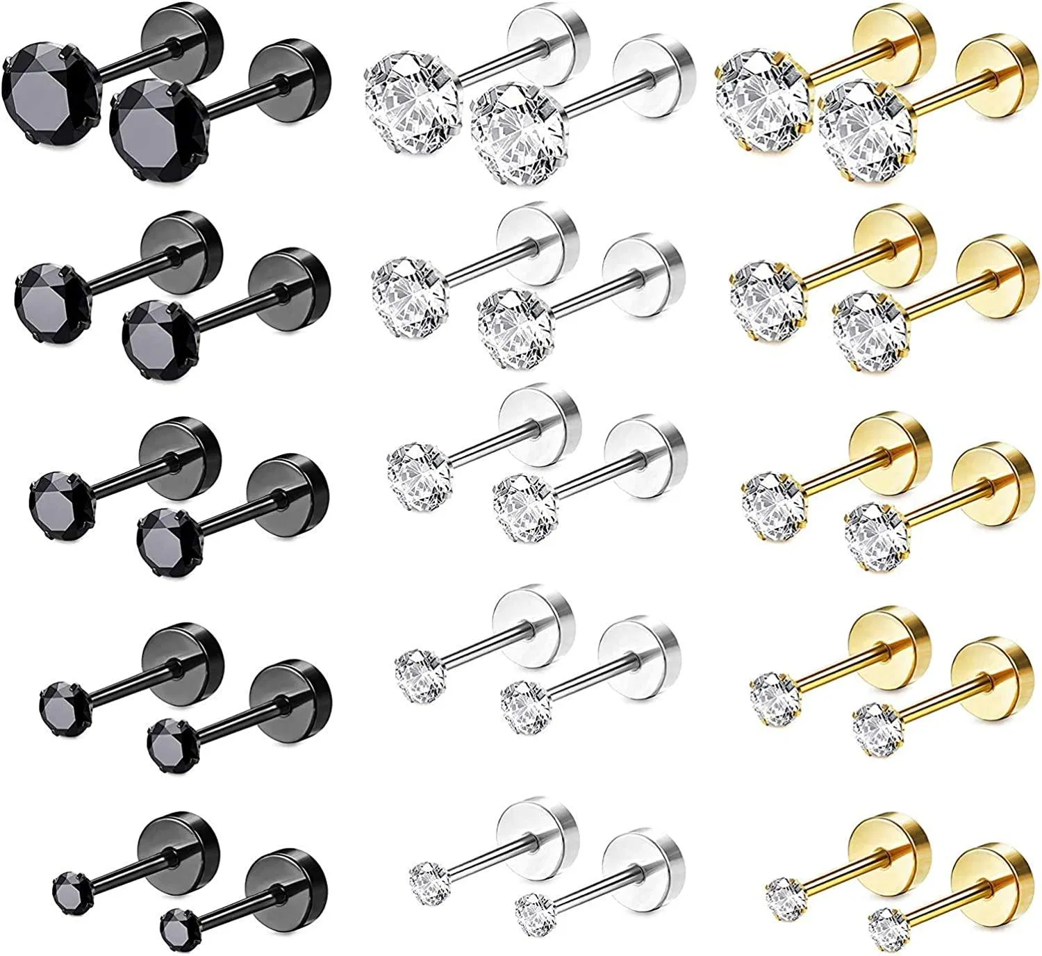 15 Paare Edelstahl CZ Stud Ohrringe Schraube Flat Back Barbell Knorpel Piercing Ohrringe für Frauen Männer