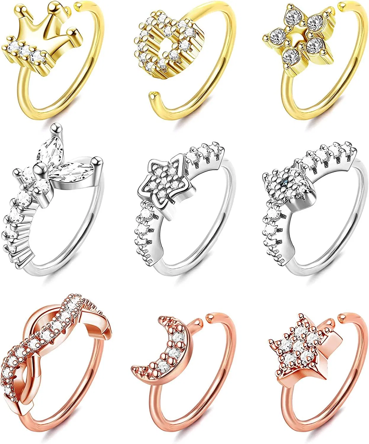 9pcs 20G Nasenringe Schleife für Frauen Männer gepflastert CZ Schmetterling Stern Mond Nasenring Knorpel Helix Ohrringe Schleife Nasen Piercing Gold Silber Plated