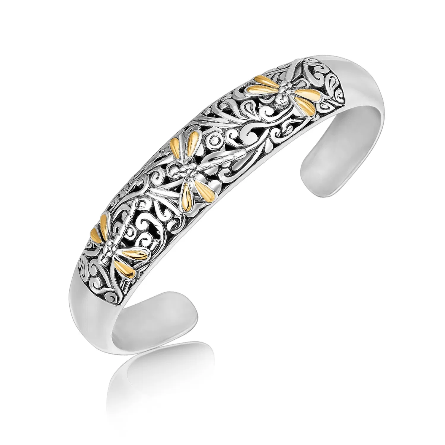 18 Karat Gelbgold und Sterling Silber Manchette mit Libelle und Blüten