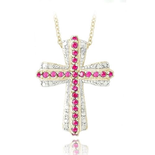 18 Karat Gold beschichtete Ruby & Diamond Akzent Kreuz Halskette