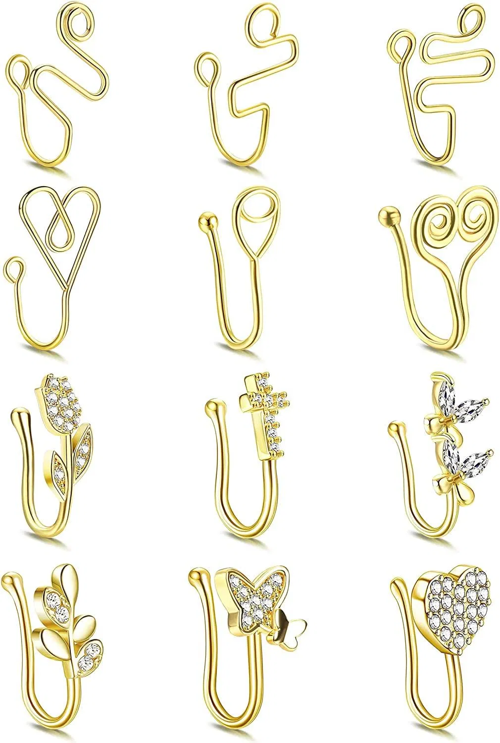 12 Stück Afrikanische Nasen Manschette Falsche Nasenring für Frauen 14k Gold Plated Clip auf Nasen Ringe Schmetterlings Blatt Faux Nasen Ringe Hoop Piercing Schmuck