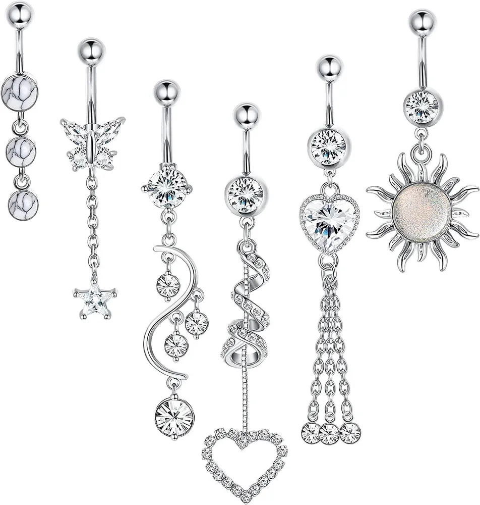 14G Dangle Bauchnabel Ringe Chirurgische Bauchringe für Frauen Nabel Piercing Dangly Bauchnabel Ring Silber Rose Gold Bauch Ring Pack Herz Hanging Bauch Piercing 10mm