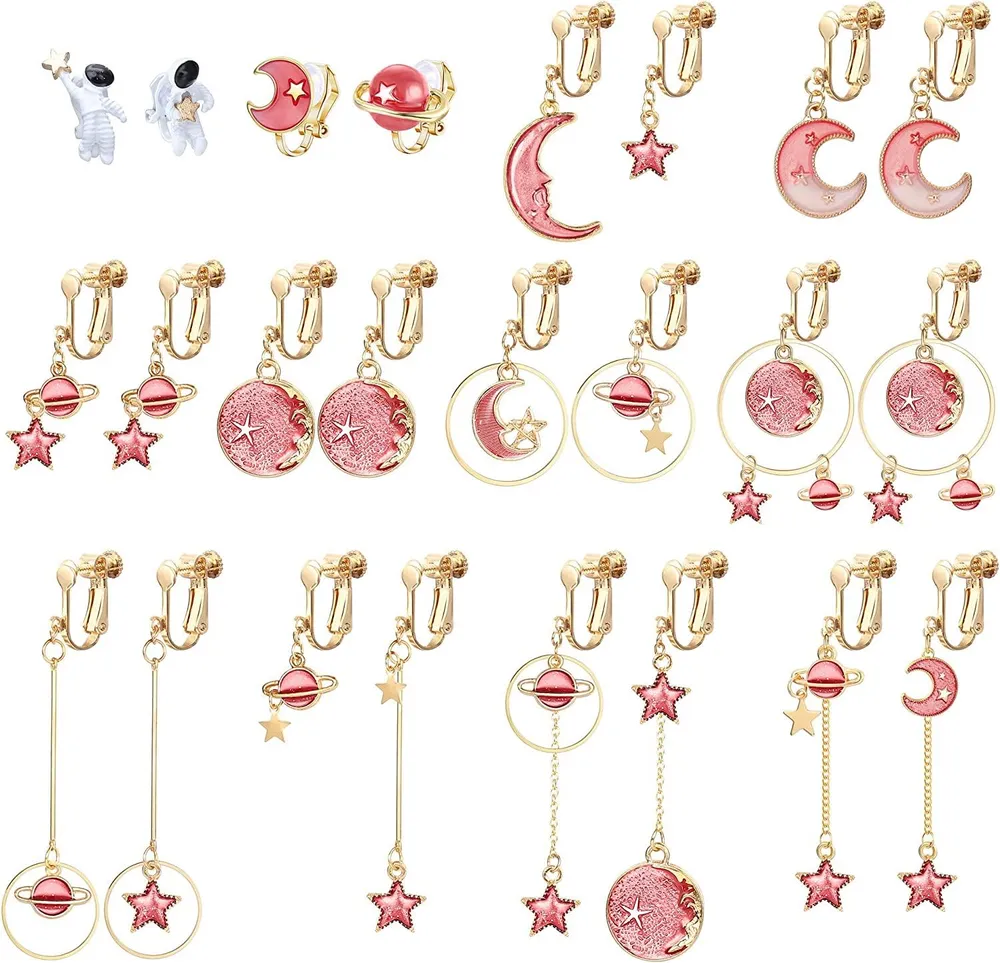 12Paars Clip On Ohrringe für Frauen Dangle Star Moon Ohrringe Ästhetische seltsame Saturn Ohrringe Non Pierced Ohr Clip Set