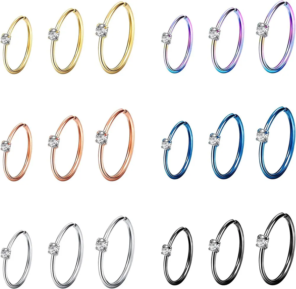 18pcs 20G 316L Edelstahl CZ Nasenringe Schleife für Männer Frauen Knorpelschleife Ohrringe Helix Tragus Schleife Septum Lippenring Körper Piercing Schmuck