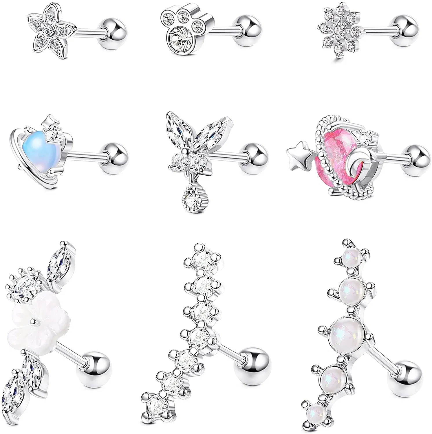 6pcs 16G 316L Edelknorpel Ohrringe Dangle Helix Knorpel Tragus Ohrringe Studs Mond Schmetterling Herz Saturn Ohr Piercing für Frauen Männer