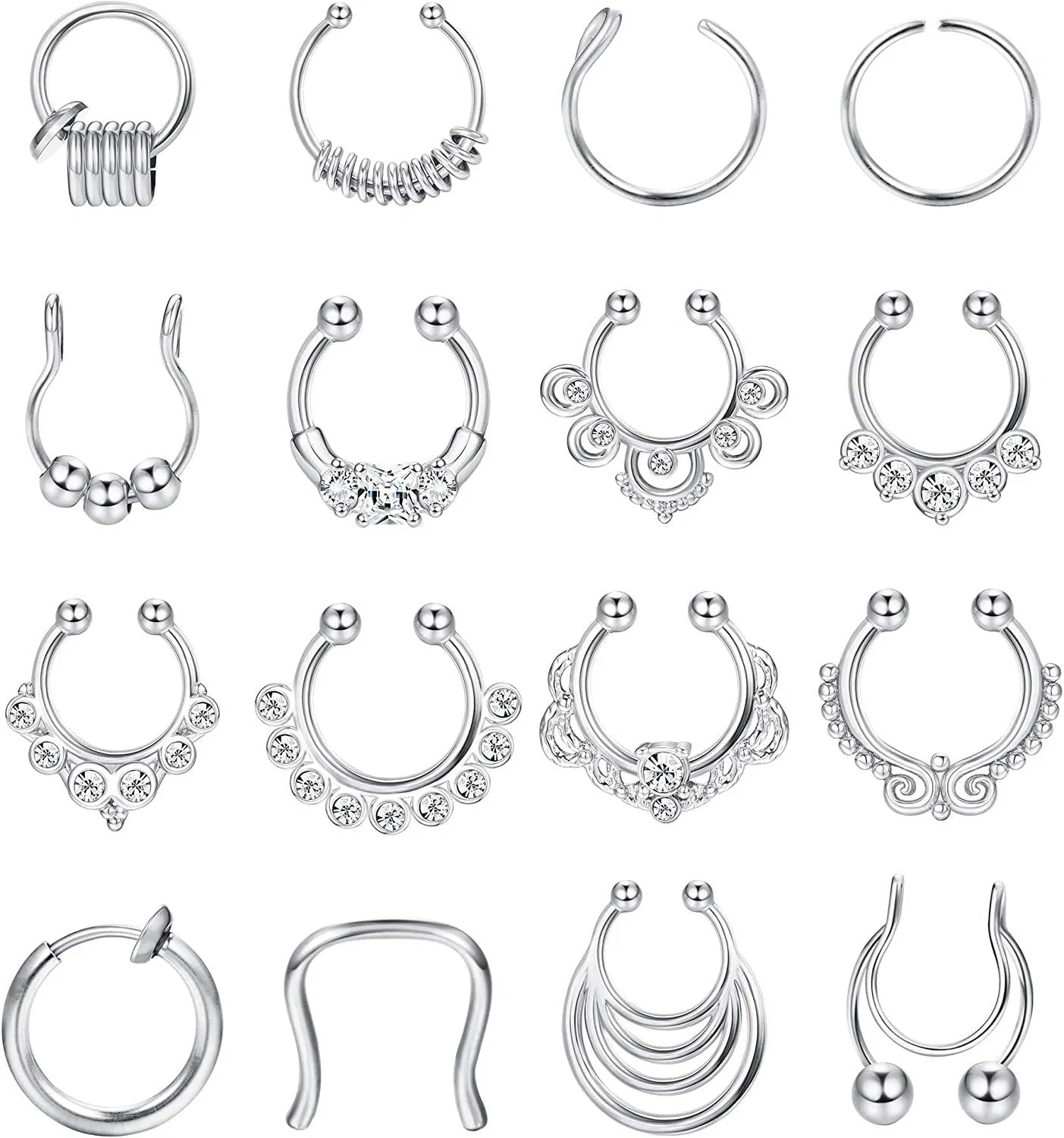 16pcs gefälschte Septum Nase Hoop Ringe Edelstahl Faux Lippen Ohr Nasen Septum Ring Clicker Hanger Non-Piercing Clip auf Nasen Hoop Ringe Körper Piercing