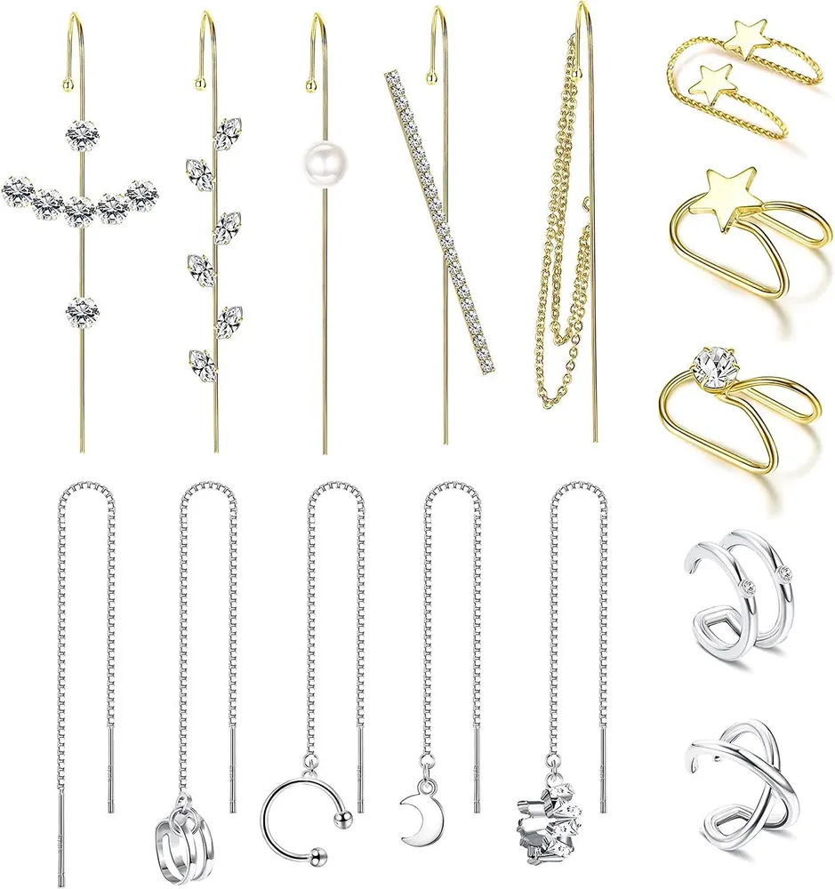 15Pcs Ohr Wrap Crawler Hook Ohrringe Manschettenketten Ohrringe für Frauen Gold Silber Threader Ohrringe Ohrringe Cuffs