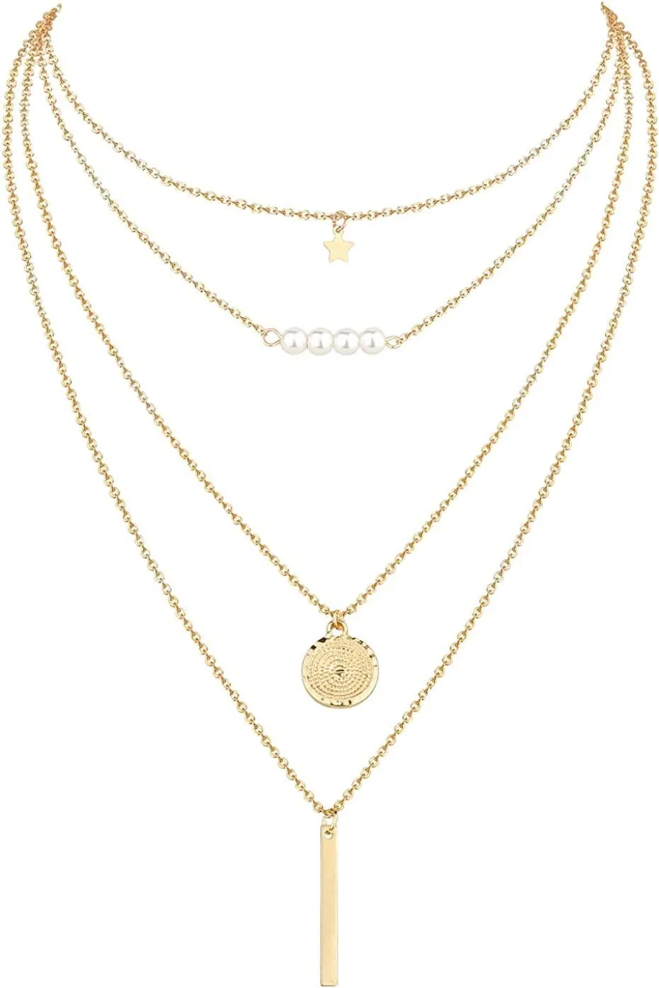 4PCS 14K Gold beschichtete Choker Halskette für Frauen Dainty Dreieck lange Bar Disc Halskette verstellbare Schichtung Y Anhänger Kette Halskette Gold beschichtete