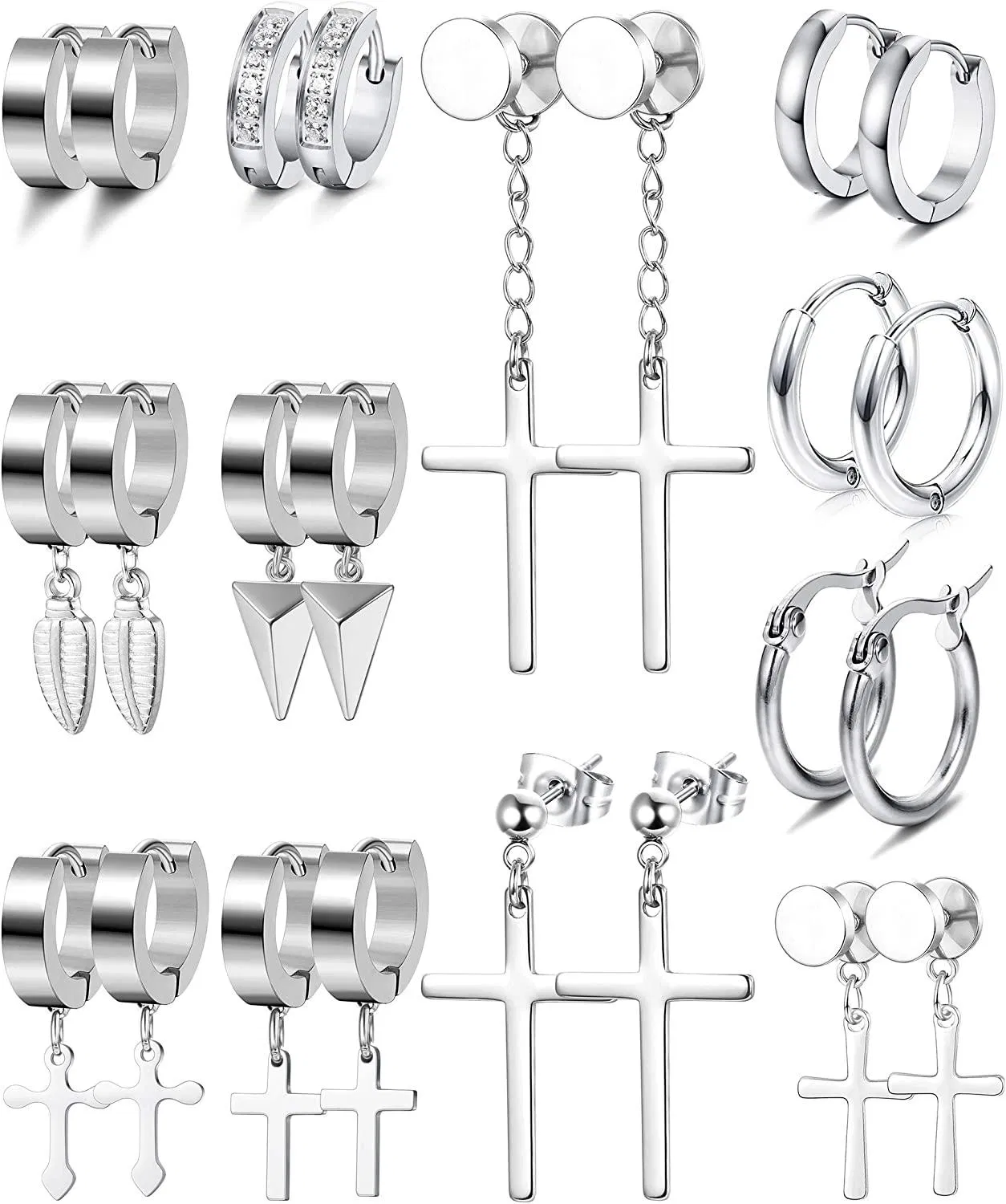 12 Pairs Edelstahl Ohrringe für Männer Frauen Stud Ohrringe Huggie Hoop Ohrringe Set Hingeed Hoop Dangle Cross Ohrringe