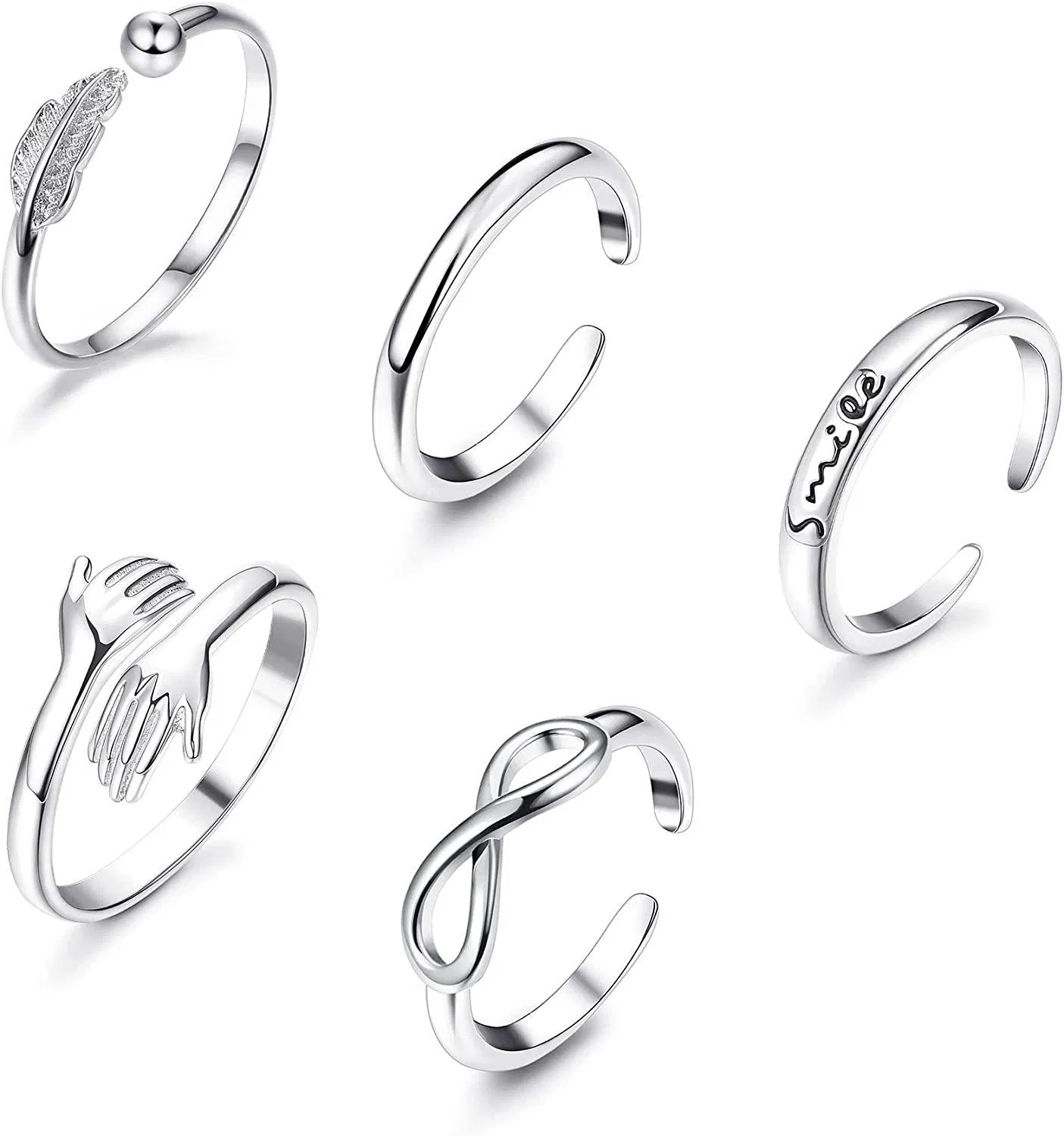 5PCS Open Rings Set für Frauen Teen Girls Simple Band Leaf Embrace Infinity Smile Stackable Stackable Stacking Daumen Vsco Finger Ringe Adjustable