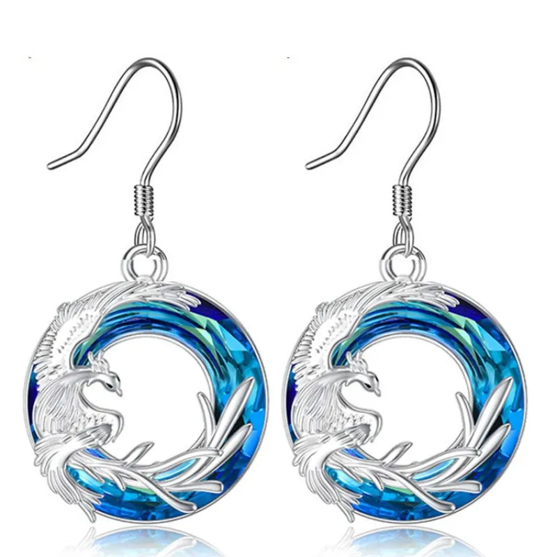 1pair Funky Blue Silver Animals Phoenix Round Ohrringe Schmuck Accessoires Geschenke für Männer Frauen