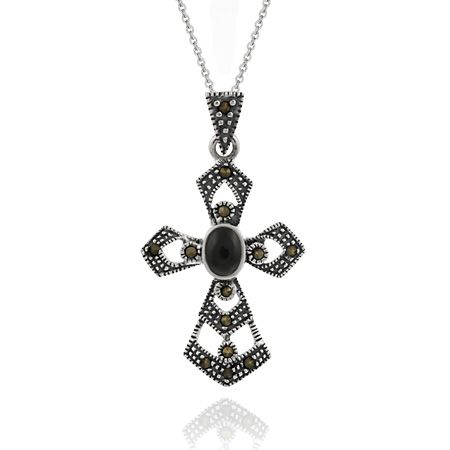 Sterling Silber Filigree Kreuz Echt Onyx und Marcasit Anhänger