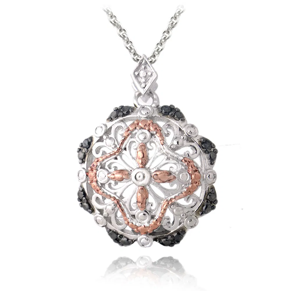 1 / 10ct Schwarzer Diamant Tri-Farbe Filigree Blumen Halskette