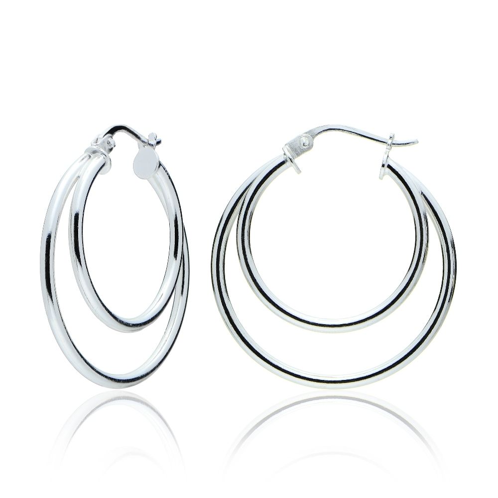 Sterling Silber Doppelkreis Round-Rohr Polierte Hoop Ohrringe, 30mm
