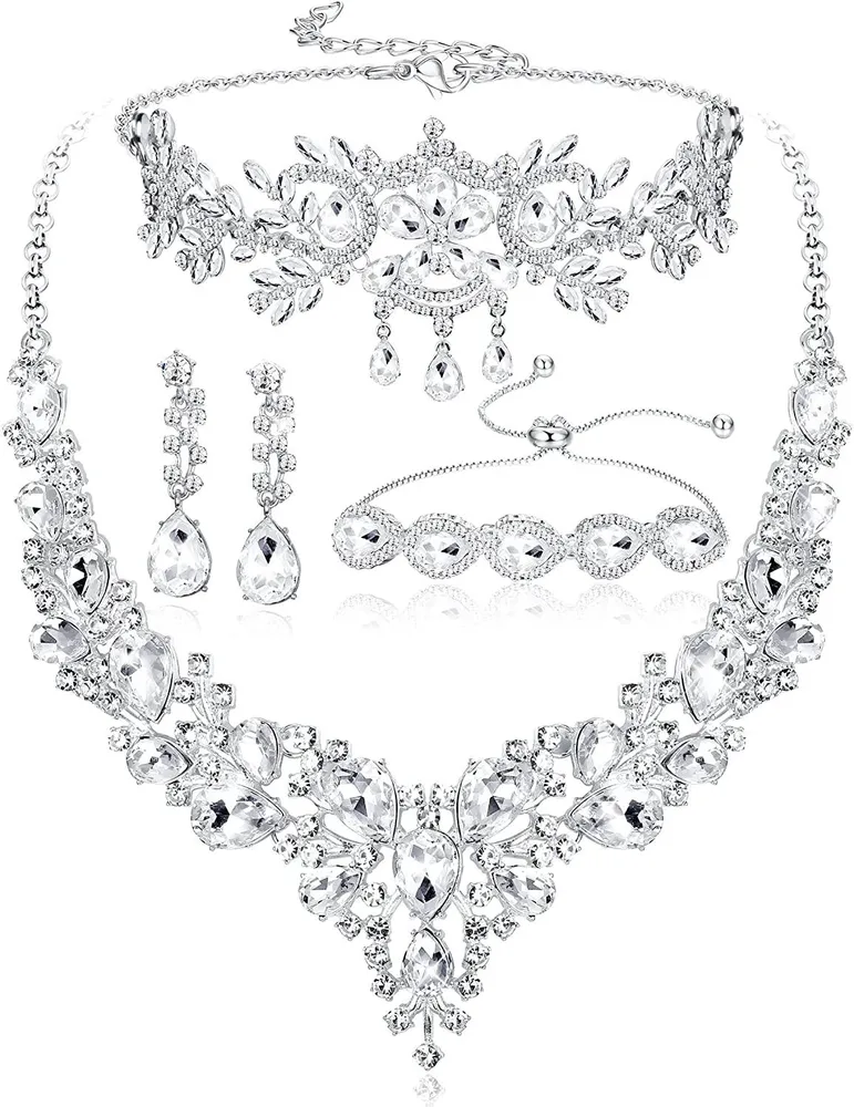 Brauthochzeit Schmuckset für Frauen Kristall Tränentropfen Cluster Statement Halskette Dangle Ohrringe Kette Armband Kopfhörer Set für Braut Hochzeitsfeier Prom Kleid
