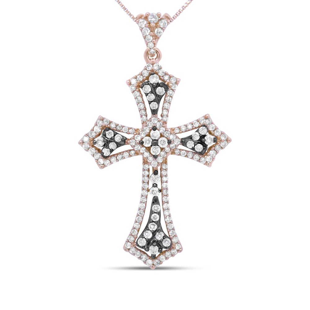 14 Karat Rosengold und Schwarz Rhodium 1,0 Cttw Diamant Verzierter Vintage St. James Budded Cross Anhänger 18