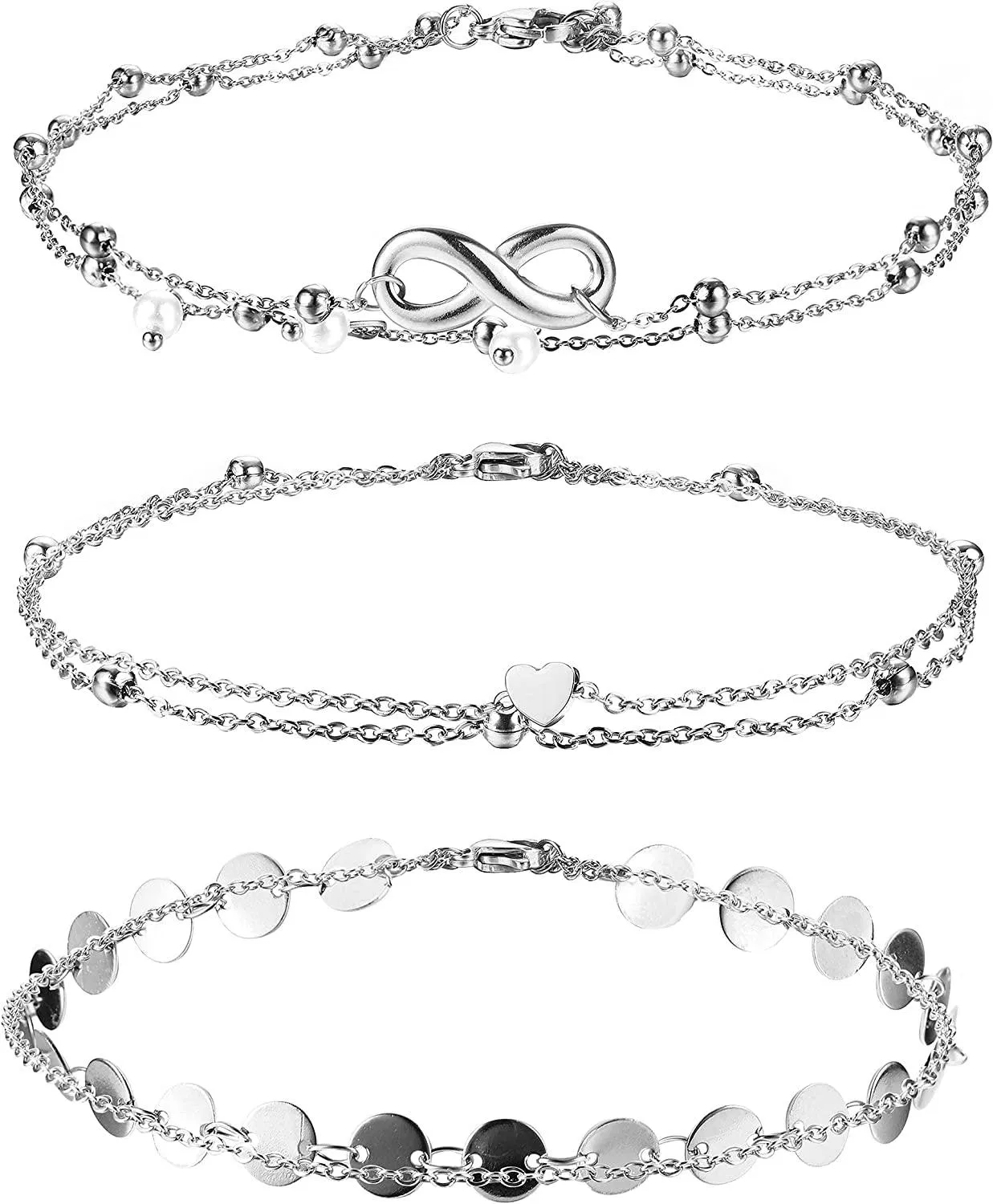 3PCS Edelstahl Knöchel Armbänder für Frauen Teen Girls Infinity Herz Perlen Sequins Perlenkette Fuß Strand verstellbare Schicht Ankleber Set
