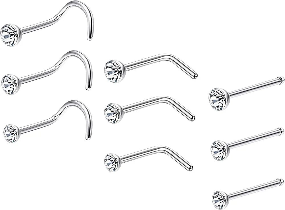 22G 9 Pcs Sterling Silber Nasenringe für Frauen Männer - Nasenringe Studs Set mit Österreich Kristallen L-Form / Gerade / Schraube Nasen Piercing Schmuck mit Geschenkbox 1.5mm 2mm 2.5mm 3mm