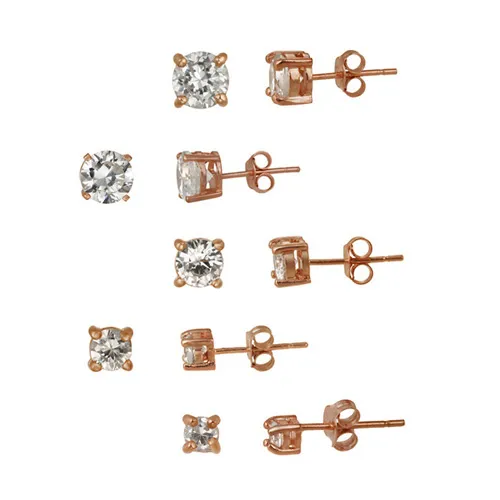 18 Karat Rose Gold über Sterling Silber 5 - Pair Round CZ Stud Ohrringe Set