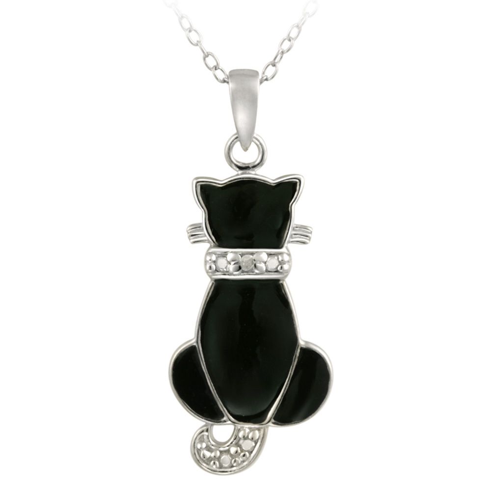 Sterling Silver Diamond Accent & Black Enamel Cat Anhänger