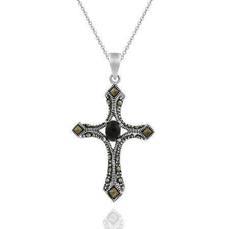 Sterling Silber Filigree Kreuz Echt Onyx Marcasit Anhänger
