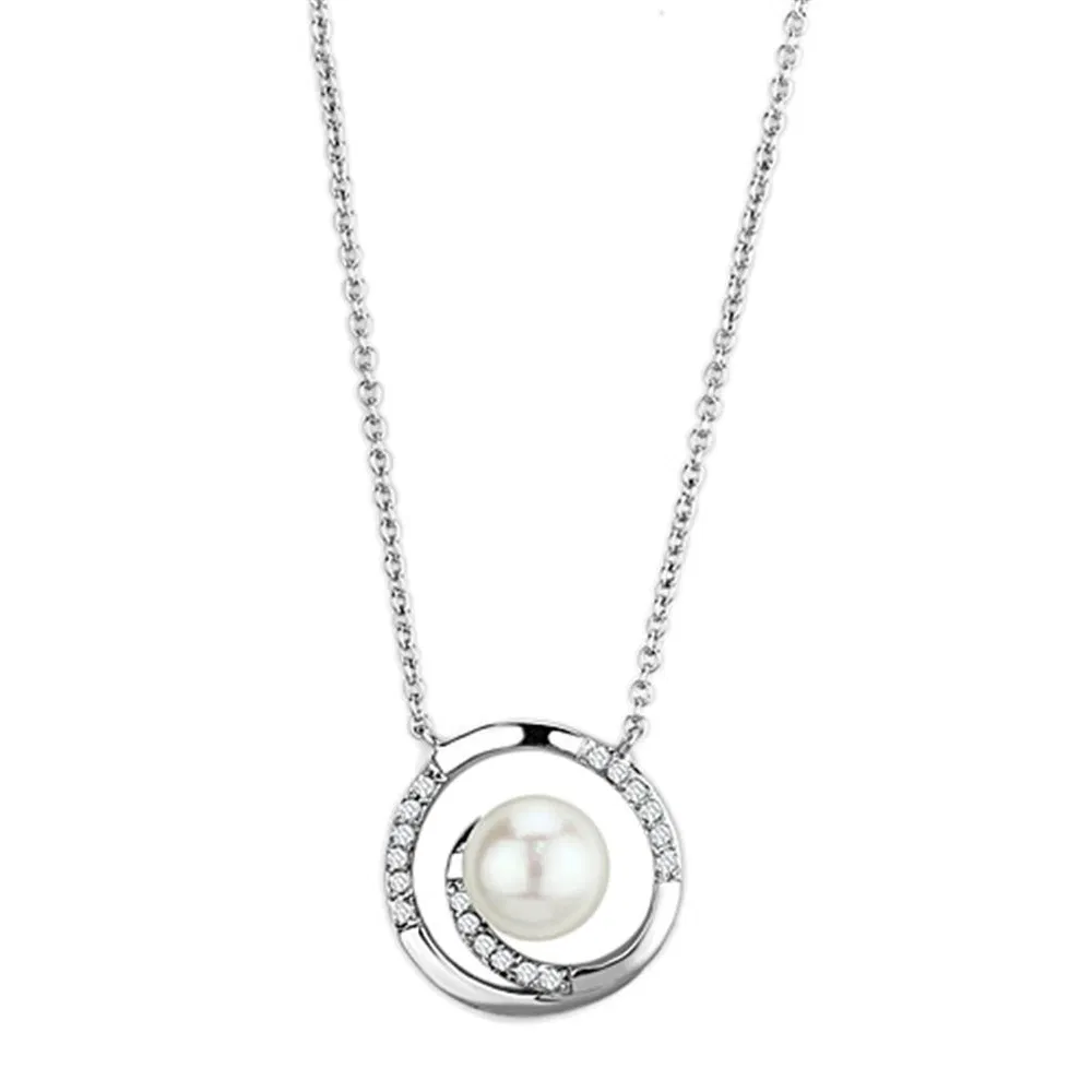3W444 - Rhodium Brass Halskette mit synthetischer Perle in Weiß